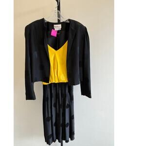Raul Blanco Black Yellow Sleeveless Silk Dress & Jacket Set Size 6 #96188
